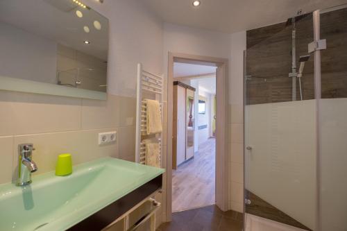 un bagno con un lavandino verde e una doccia di Gasthaus zum Hirschen a Furtwangen