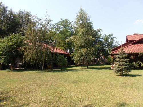 un patio frente a una casa con árboles en Pálya Vendégház, en Pusztaszer