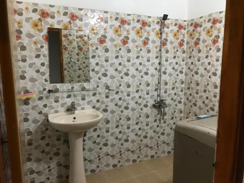 a bathroom with a sink and a shower with a mirror at Mount nature villa in Hikkaduwa
