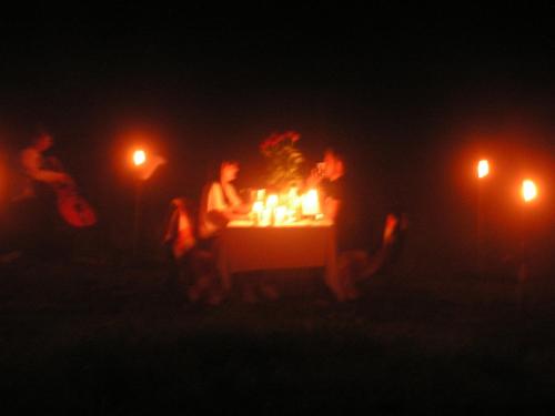 un gruppo di persone sedute a un tavolo di notte di Winnica Na Leśnej Polanie a Zabór