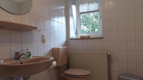 a bathroom with a sink and a toilet and a window at Pension Redefin in Redefin
