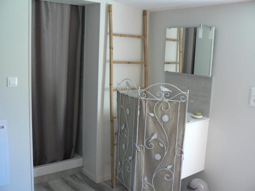 La salle de bains est pourvue d'un miroir et d'un rideau de douche. dans l'établissement L'Oustau de MaLo, à Sainte-Cécile-les-Vignes