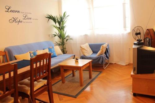 a living room with a blue couch and a table at Apartment Dora in Crikvenica
