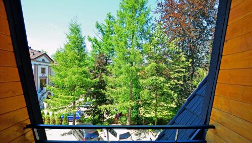 an open window with a view of trees at Hotel Boruta in Zakopane