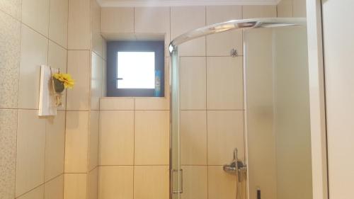 ducha con puerta de cristal y ventana en Casa Mon Reve, en Bran