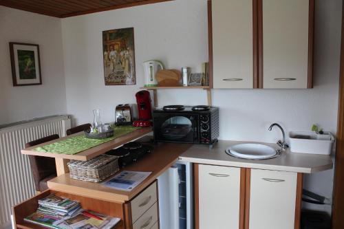 a kitchen with a counter top with a microwave at Haus Sonnenberg in Sankt Oswald