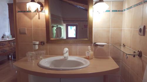 a bathroom with a sink and a mirror at Chambre d'Hôtes Moulin Urketa in Ayherre