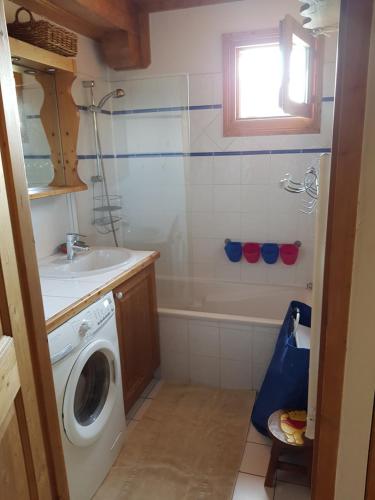 a bathroom with a washing machine and a sink at Arpege Des Neiges in Sainte-Foy-Tarentaise