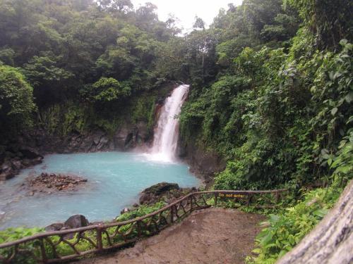 a waterfall in the jungle with a bridge in front at Posada Río Celeste La Amistad in Rio Celeste