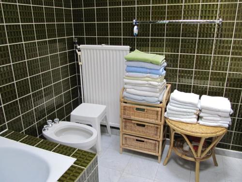 a bathroom with a toilet and a rack of towels at Uni - Lübeck Appartement in Groß Grönau