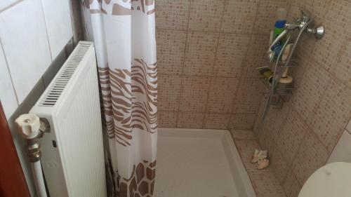 a shower with a shower curtain in a bathroom at House in the Village in Fotolívos