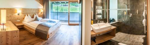 two pictures of a bathroom with a bed and a sink at La Casies Mountain Hotel in Santa Maddalena in Casies