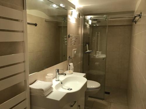 een badkamer met wastafel, douche en toilet bij Le Belvedere in Bandol