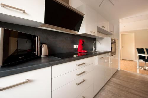 a kitchen with white cabinets and a red animal on the counter at Luxury Apartment Kampe in Stemwede