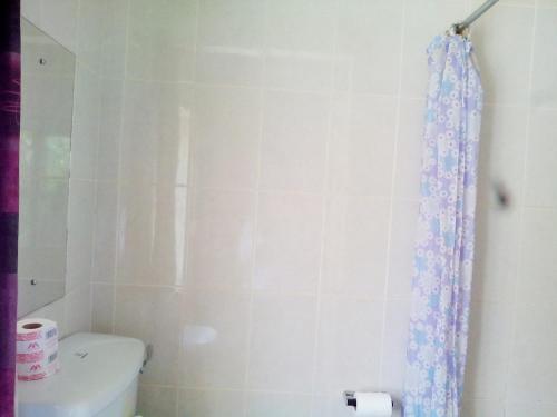 a bathroom with a toilet and a shower curtain at Retreat Guesthouse Kitende in Entebbe