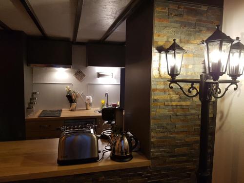 Il comprend une cuisine équipée d'un comptoir avec une cuisinière et des lumières. dans l'établissement Au coeur du vieux Tours avec jardin, à Tours