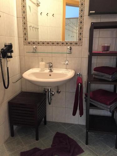 a bathroom with a sink and a mirror at Gschlössle Ferienwohnungen in Jerzens