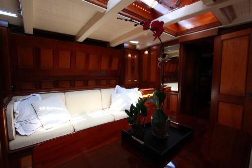 穠莎的住宿－羅納船屋，一张白色沙发,位于带桌子的房间