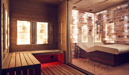 a bathroom with a sauna with a glass shower at Marcelo Deluxe Apartment in Tihany