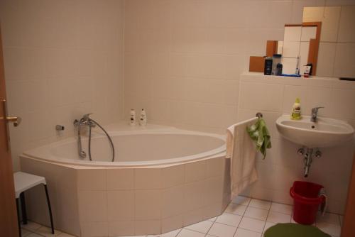 y baño con bañera y lavamanos. en Apartment am Fluss/Park en Leipzig