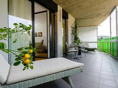 d'un balcon avec un banc et une plante. dans l'établissement Ferien am Kurpark, à Bad Gleichenberg