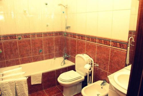a bathroom with a toilet and a tub and a sink at Casa Do Brasao in Tabuaço