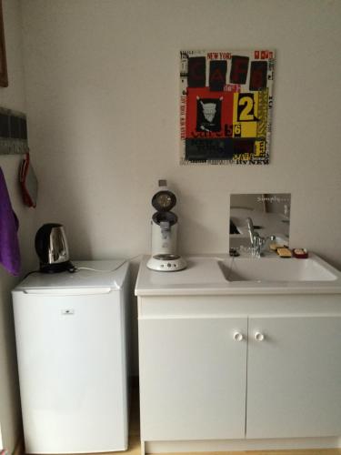 a kitchen with a sink and a white refrigerator at Petite escale Vivonnoise a 2 in Vivonne