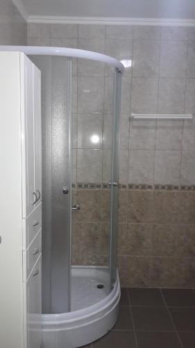 a shower with a glass door in a bathroom at Apartments Royal Menex in Požarevac