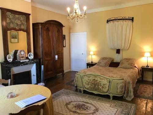 - une chambre avec 2 lits et un lustre dans l'établissement Le Clos de La Muse, à Saint-Junien