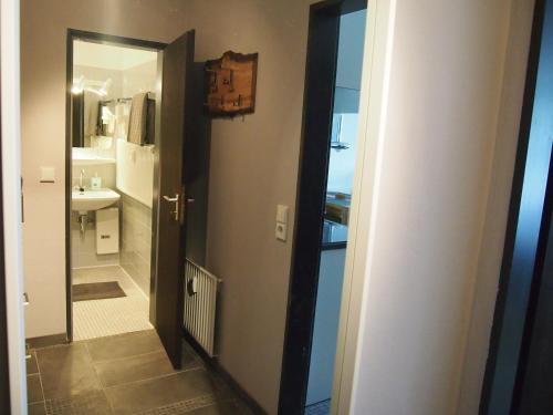Baño con una puerta que conduce a un lavabo y un espejo en Apartment Harzgrün en Sankt Andreasberg
