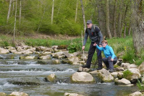 a man and a boy crossing a stream at Hotel & Restaurant Hüllen in Barweiler