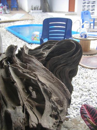 a piece of wood laying on the floor next to a pool at Hostal Palohe Taganga in Taganga