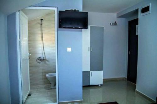 a bathroom with a toilet and a television on the wall at House La Strada in Negotino