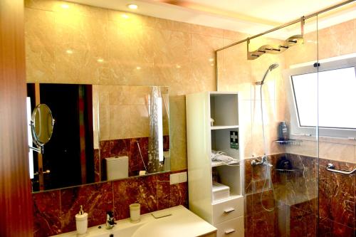 a bathroom with a sink and a shower and a mirror at Apartamento Romantico in Caniço