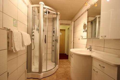 a bathroom with a shower and a sink at Hotel Grille in Erlangen