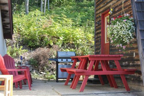 a red picnic table and chairs outside of a cabin at Sunny Bluffs Chalets in Kaslo