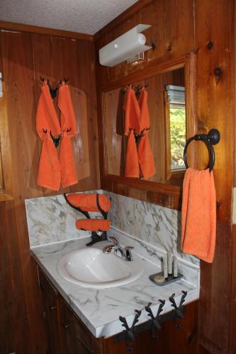 a bathroom with a sink and a mirror and orange towels at Sunny Bluffs Chalets in Kaslo