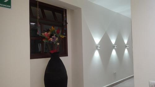 a black cat is sitting on a wall with lights at Rivière Boutique Hotel in Medellín