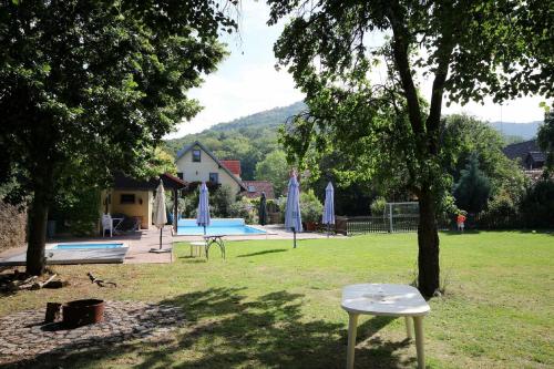 a park with a pool and a table in the grass at Ferienwohnungen Lindleshof in Leinach