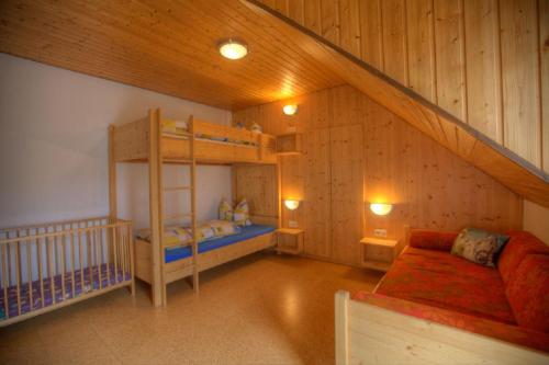 a bedroom with a bunk bed and a ladder at Ferienwohnungen Lindleshof in Leinach