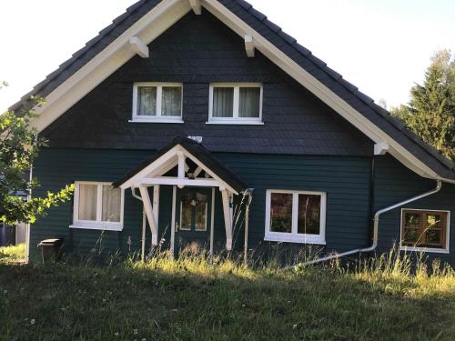una casa azul con techo de gambrel en Ferienhaus Momo, en Nieder-Kinzig