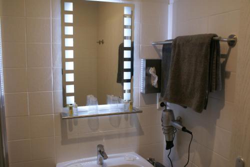 a bathroom with a sink and a mirror at Hotel Garni Alte Post in Boffzen