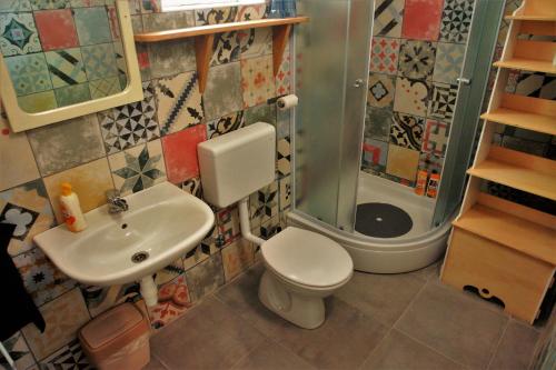 a bathroom with a toilet and a sink and a shower at Quercus Apartment in Stara Baška