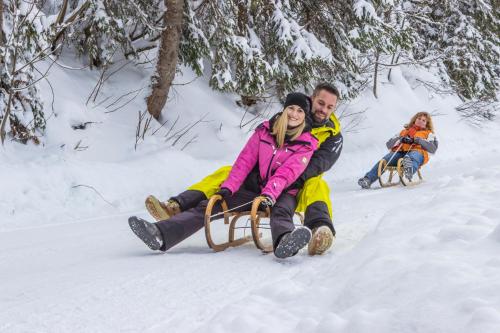 a man and woman riding a sleigh in the snow at Landhotel Alpenhof Filzmoos in Filzmoos