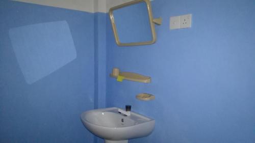 Un baño azul con lavabo y espejo. en Family Nest, en Dambulla