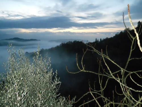 a view from the top of a mountain with fog in the valley at Casa Quaratica in Riccò del Golfo di Spezia