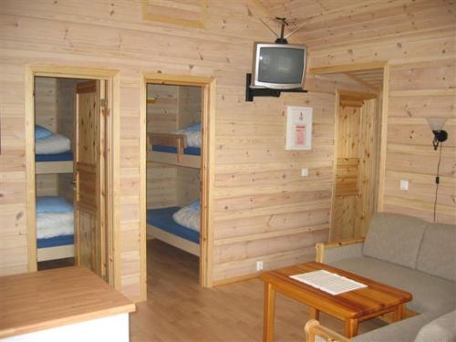 a living room with a couch and a tv in a cabin at Røldal Hyttegrend & Camping in Røldal