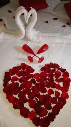 a heart of red roses and swans on a bed at Pousada Palmares in Cabo Frio