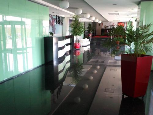 a lobby with potted plants in a building at Hotel EMD in Bacău