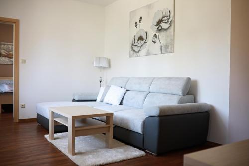 a living room with a couch and a coffee table at Penzion Sokolská in Zlín